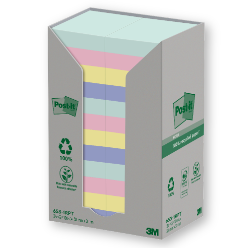 Tour distributrice de 24 blocs de 100 feuilles post-it recyclées et repositionnables 47.6 x 47.6 mm collection nature